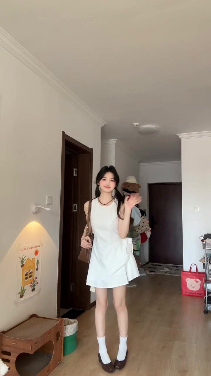 Gentle style white vest dress for women irregular beautiful waist bud skirt R0825