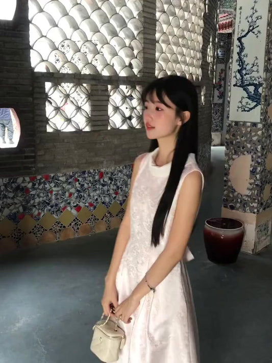 Pink jacquard vest dress gentle temperament waist A-line short skirt R0826