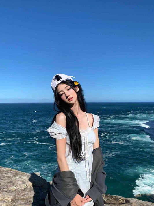 Gentle blue short-sleeved dress with elegant waist A-line short skirt R0828