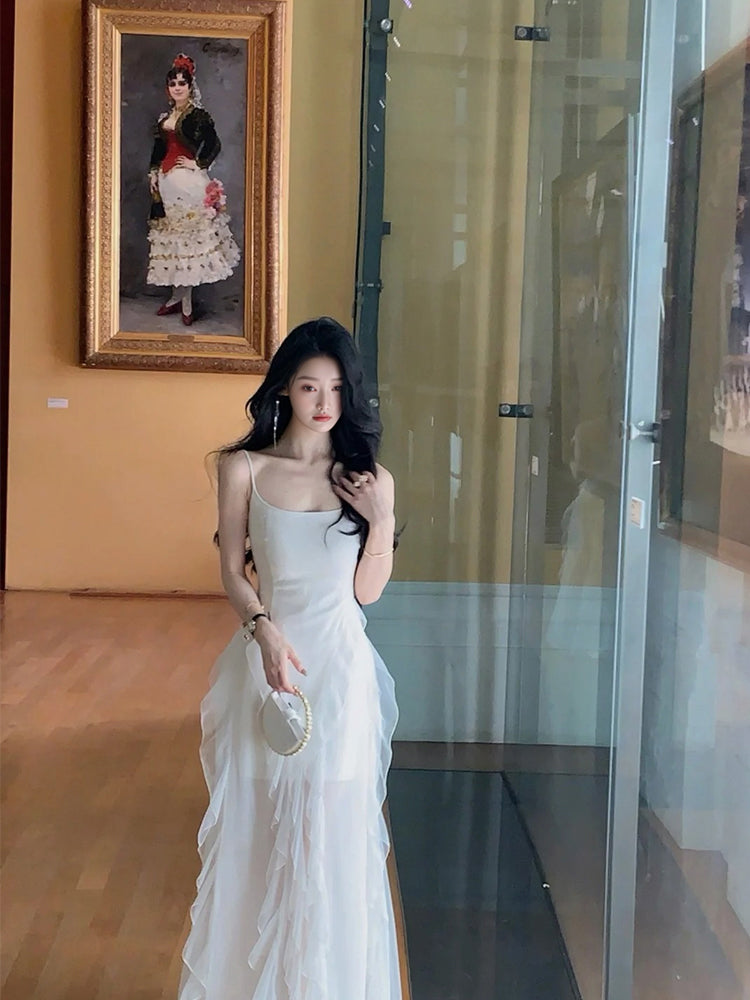 Holiday French style white suspender dress niche design slim fit fairy long dress R1812