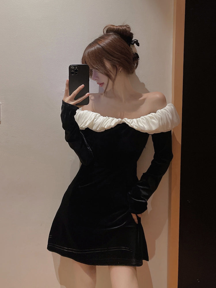 Hepburn style birthday party dress high-end niche one-shoulder black velvet dress R1808