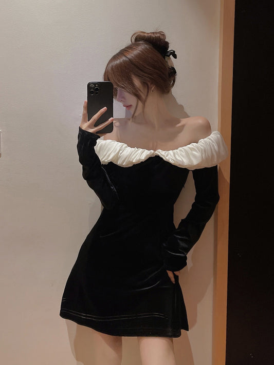 Hepburn style birthday party dress high-end niche one-shoulder black velvet dress R1808