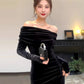 Hepburn style birthday dress high-end niche temperament black one-shoulder velvet dress R1813