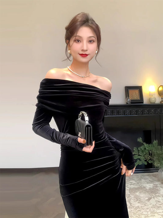 Hepburn style birthday dress high-end niche temperament black one-shoulder velvet dress R1813