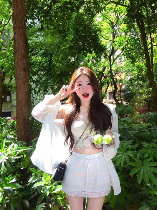 Beautiful and gentle temperament white shirt lace inner a-line skirt three-piece suit R0889