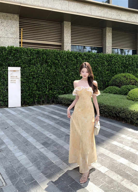 Beautiful little skirt gentle style floral yellow long skirt 2025 dress R0890