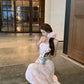 Gentle style pink floral hollow one-shoulder dress with waist A-line long skirt R0612