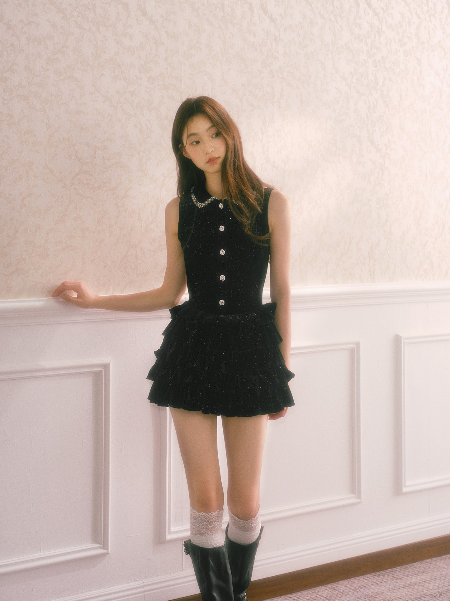 Black velvet shimmering qianjin style cake-style lace waist belt puffy dress R5175