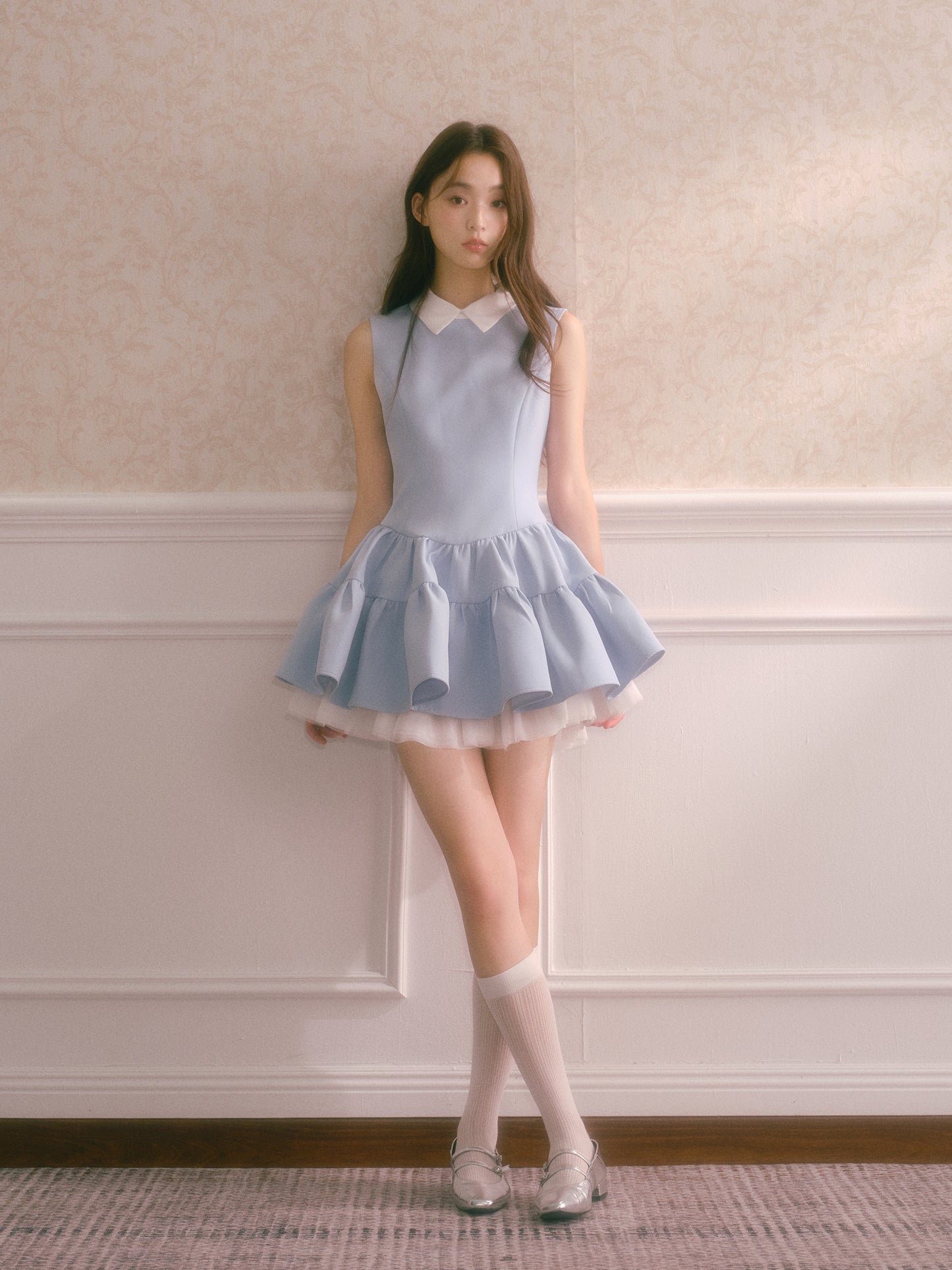 Blue shirt collar vest dress with multi-layered puffy patchwork waist sleeveless dress R5174