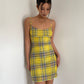 Show body American hot girl sexy yellow plaid soft a-line suspender skirt holiday dress R3033