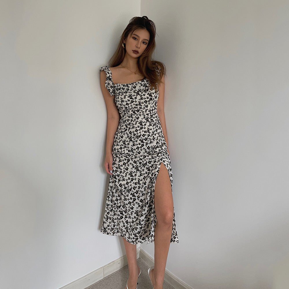 French retro floral tight slit suspender dress slim sexy mid-length skirt over the knee skirt R3036