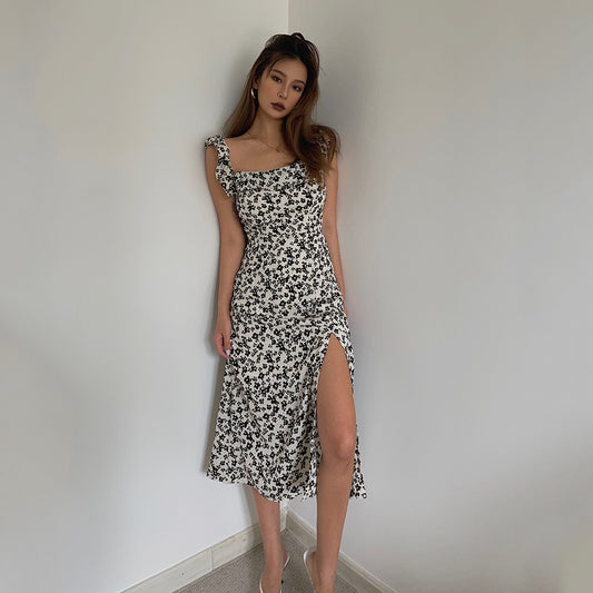 French retro floral tight slit suspender dress slim sexy mid-length skirt over the knee skirt R3036