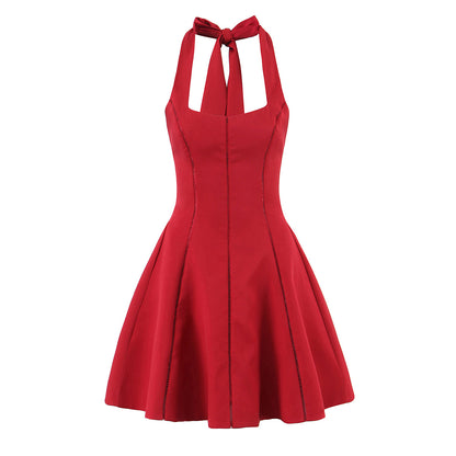 Hot girl temperament retro niche halter neck lace-up backless dress female slim fluffy short skirt R3040