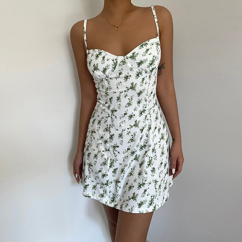 European and American style low-cut backless sexy suspender floral dress high waist slim A-line hip skirt R3038