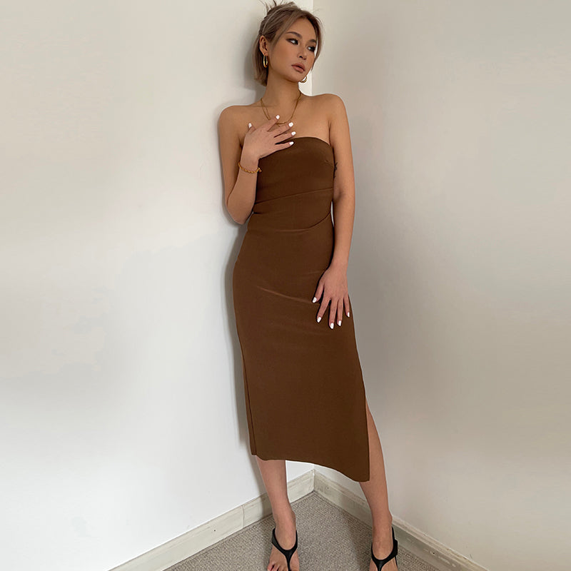 Hot girl sexy slit tube top dress slim fit medium length hip waist dress high-end long skirt R3037