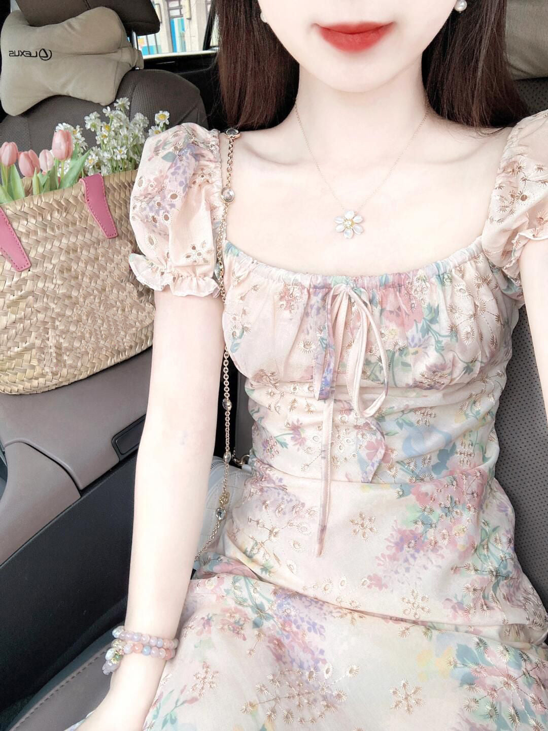 Beautiful puff sleeve floral dress gentle style temperament long skirt R0761