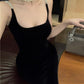 Square collar vest black velvet suspender dress 2025 temperament slim fit inner hip dress R1473
