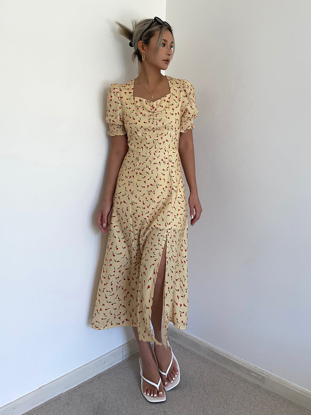New French style sweet or salty square collar slit yellow floral dress women's summer long skirt R3091