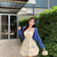 Blue floral suspender dress gentle temperament beautiful waist bud short skirt R0784