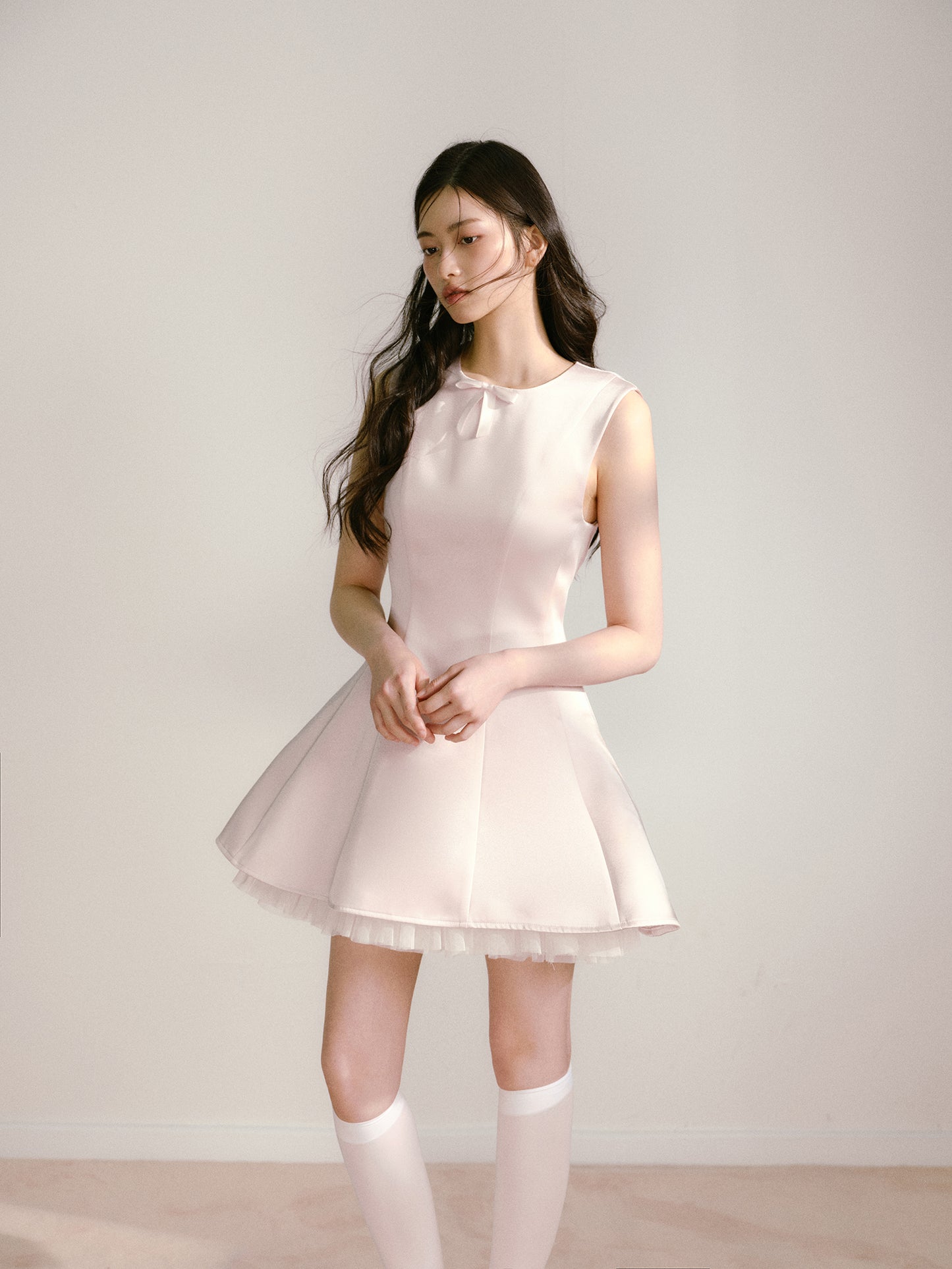 Light pink shiny satin vest dress with mesh ballet style sleeveless tutu skirt R5129
