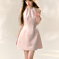Pink satin glossy halter neck dress with bow waist A-line sleeveless short skirt R5130