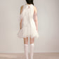 Moonlight White Layered Organza Tie-Up Bow Pearl Neck Tutu Dress R5126