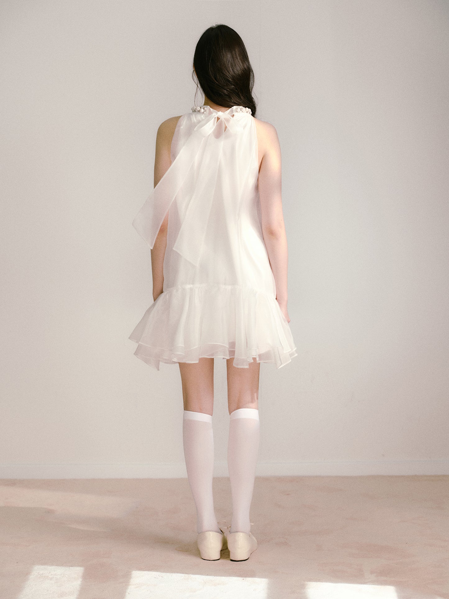 Moonlight White Layered Organza Tie-Up Bow Pearl Neck Tutu Dress R5126