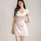 Pink satin with white ruffled edge contrasting one-shoulder waist dress R5132