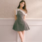 Gray polka dot off-shoulder niche dress with bow tie and waist-hugging puffy miniskirt R5127