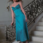 French retro textured satin slim long blue suspender dress holiday dress homecoming dress R5123