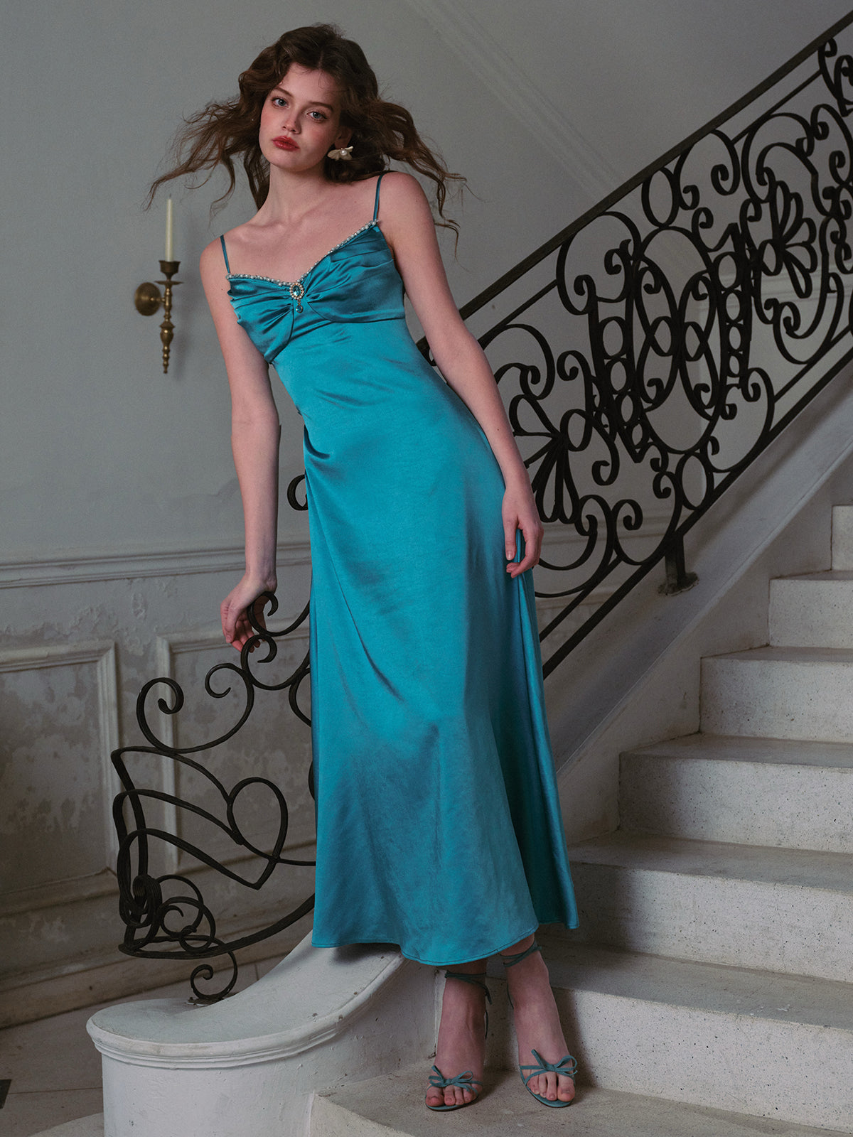 French retro textured satin slim long blue suspender dress holiday dress homecoming dress R5123