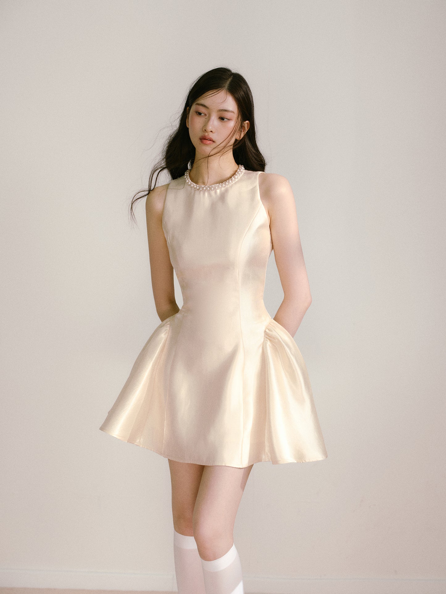 Beige glossy satin 3D handmade pearl princess skirt puffy dress R5133