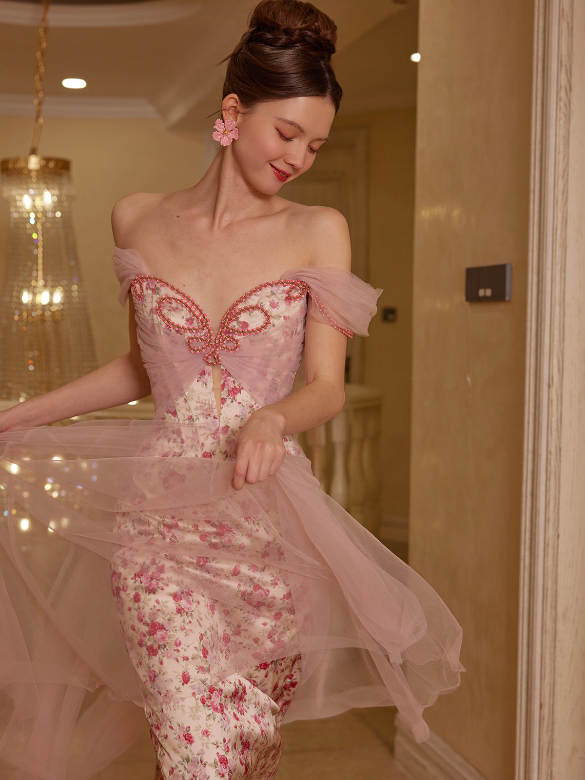 French fairy dress mesh satin printed fishbone dress evening gown dress homecoming dress R5117