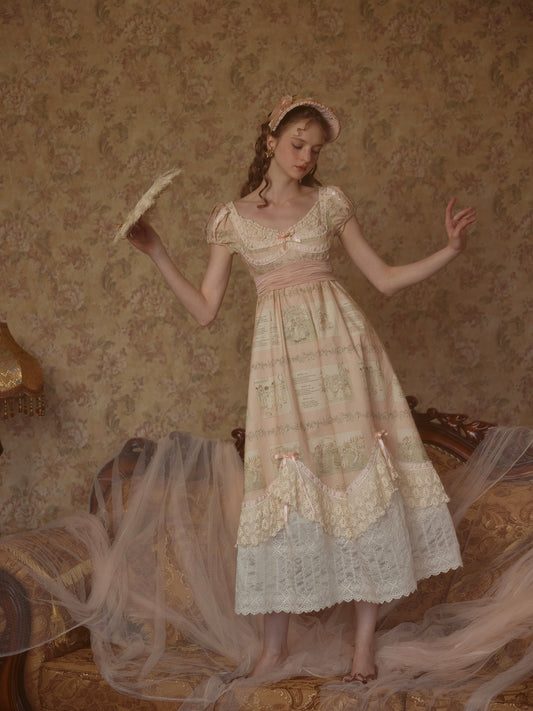 French court style empire dress printed lace dress cotton homecoming dress R5116