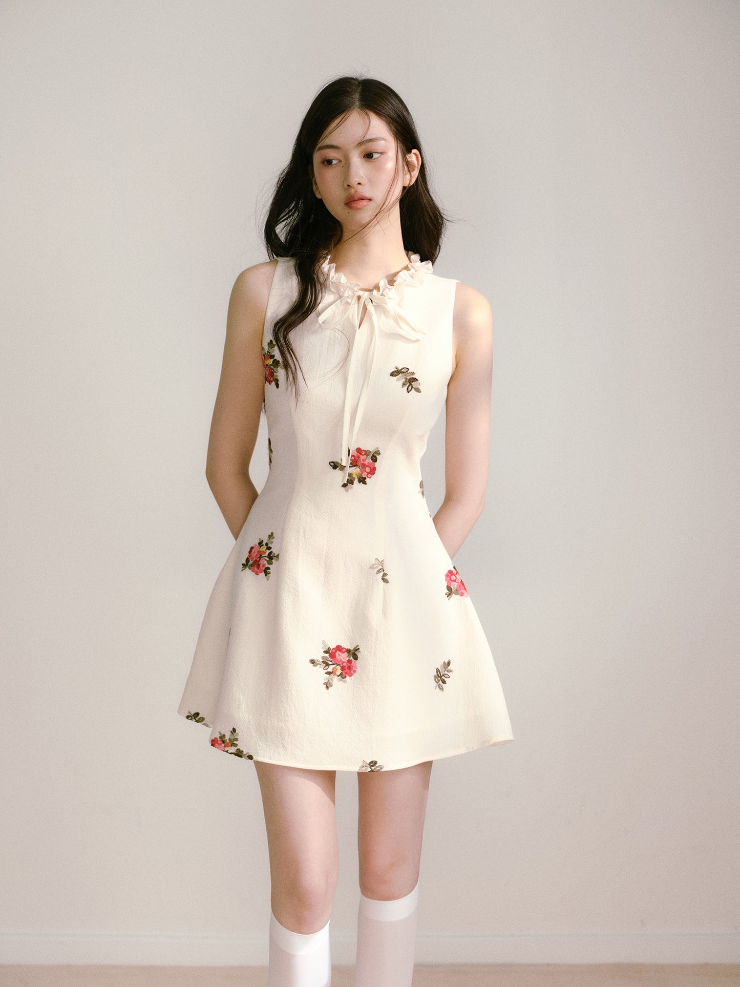 Beige 3D Flower Embroidered Sleeveless Dress with Lace-up Ruffles and Slim Waist Vest Dress R5135