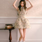 Rose Oil Painting Shirt Collar Sleeveless Dress Qianjinfeng Puffy Slim Waist Vest Dress R5134