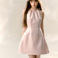 Pink satin glossy halter neck dress with bow waist A-line sleeveless short skirt R5130