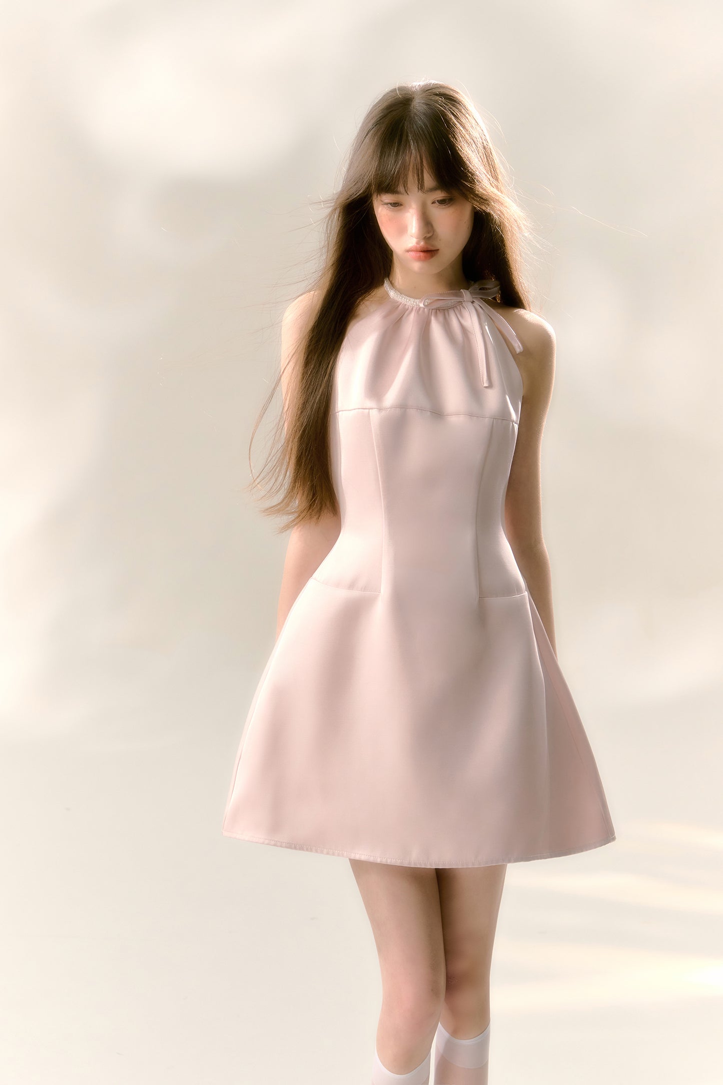 Pink satin glossy halter neck dress with bow waist A-line sleeveless short skirt R5130
