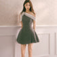 Gray polka dot off-shoulder niche dress with bow tie and waist-hugging puffy miniskirt R5127