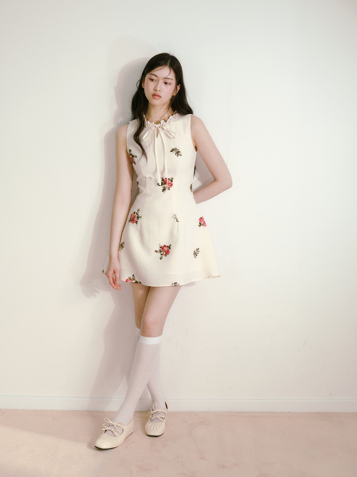 Beige 3D Flower Embroidered Sleeveless Dress with Lace-up Ruffles and Slim Waist Vest Dress R5135
