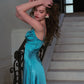 French retro textured satin slim long blue suspender dress holiday dress homecoming dress R5123