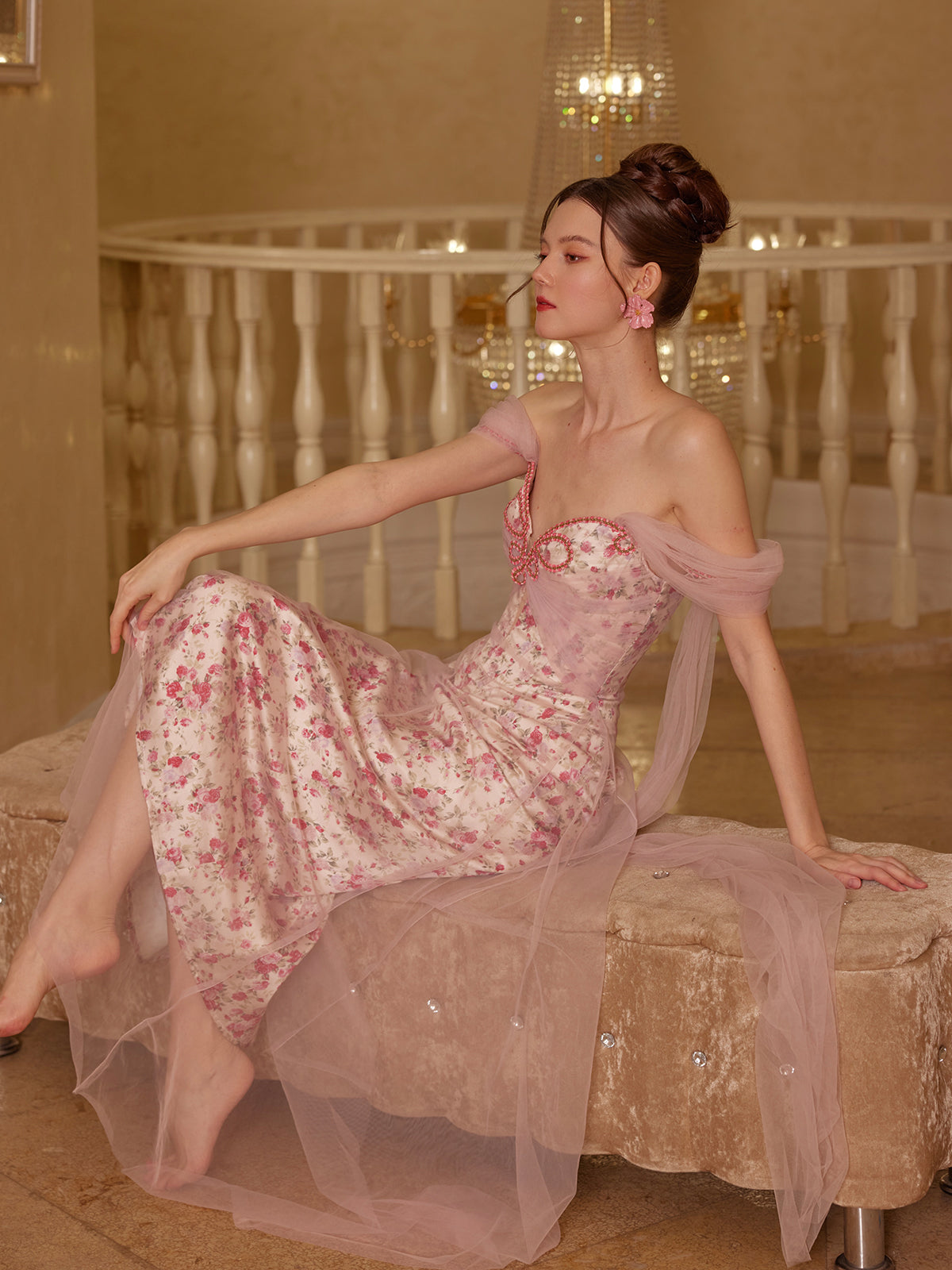 French fairy dress mesh satin printed fishbone dress evening gown dress homecoming dress R5117