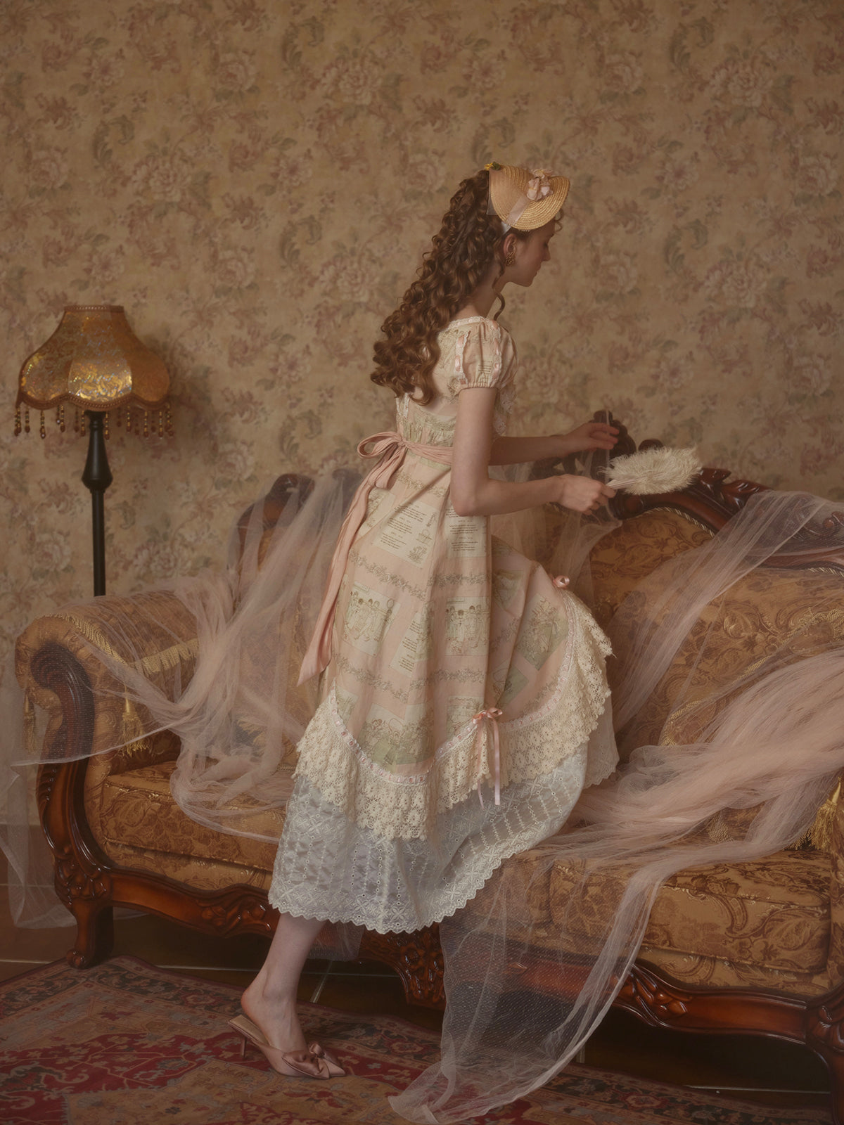 French court style empire dress printed lace dress cotton homecoming dress R5116