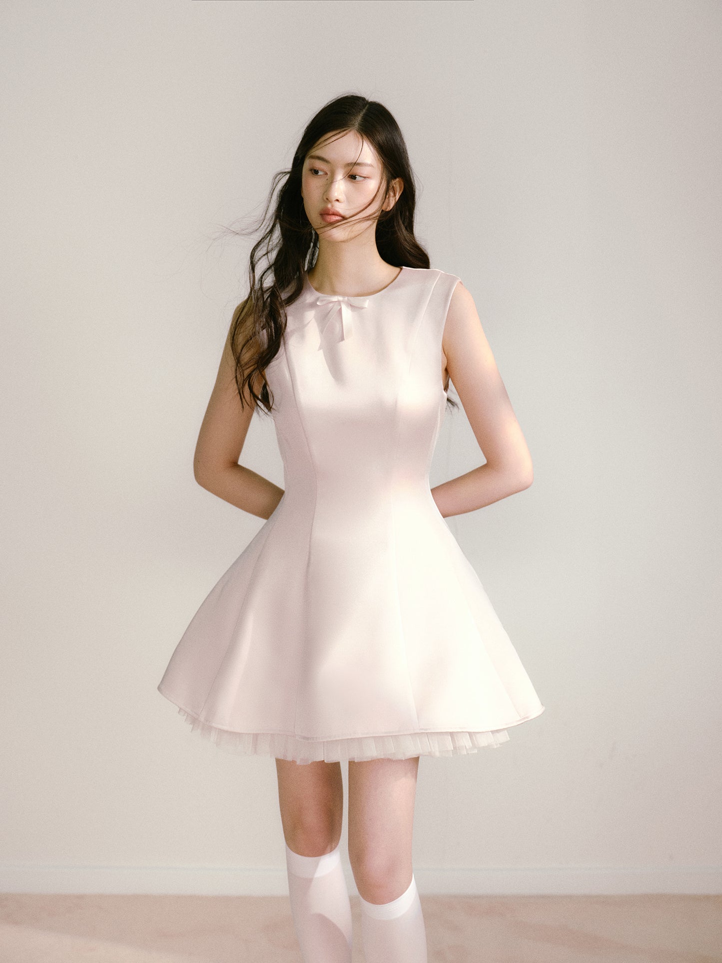 Light pink shiny satin vest dress with mesh ballet style sleeveless tutu skirt R5129