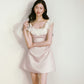 Pink satin with white ruffled edge contrasting one-shoulder waist dress R5132