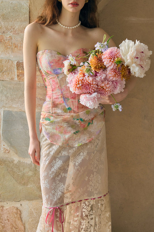 French sweet romantic oil painting lace fishbone tube top dress suit summer homecoming dress R5119