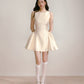 Beige glossy satin 3D handmade pearl princess skirt puffy dress R5133