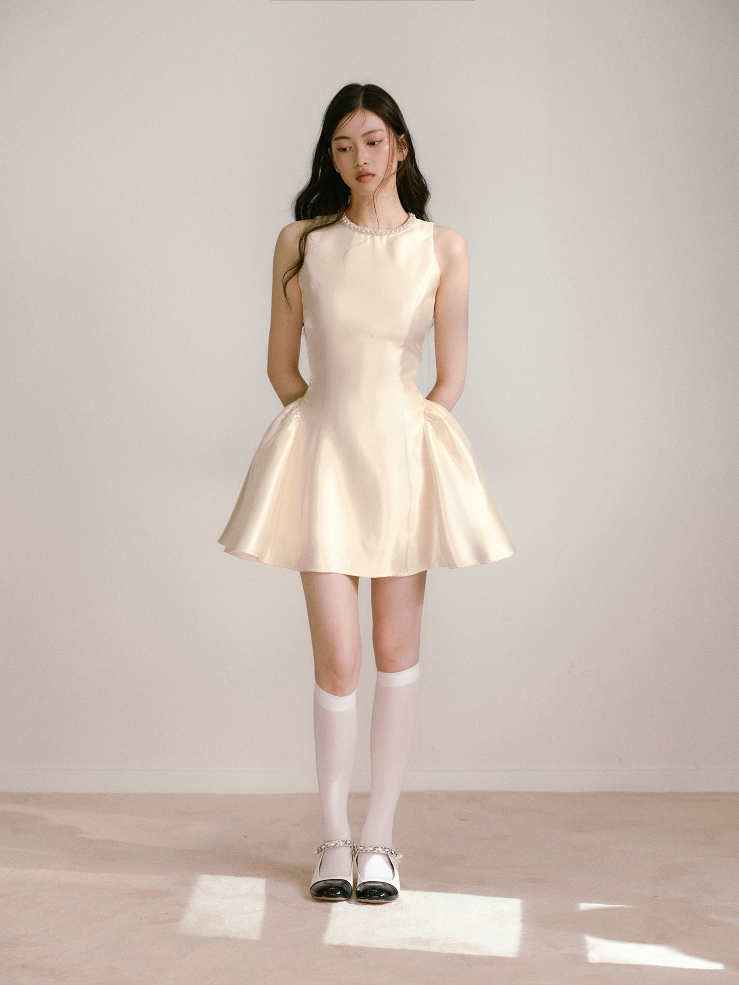 Beige glossy satin 3D handmade pearl princess skirt puffy dress R5133