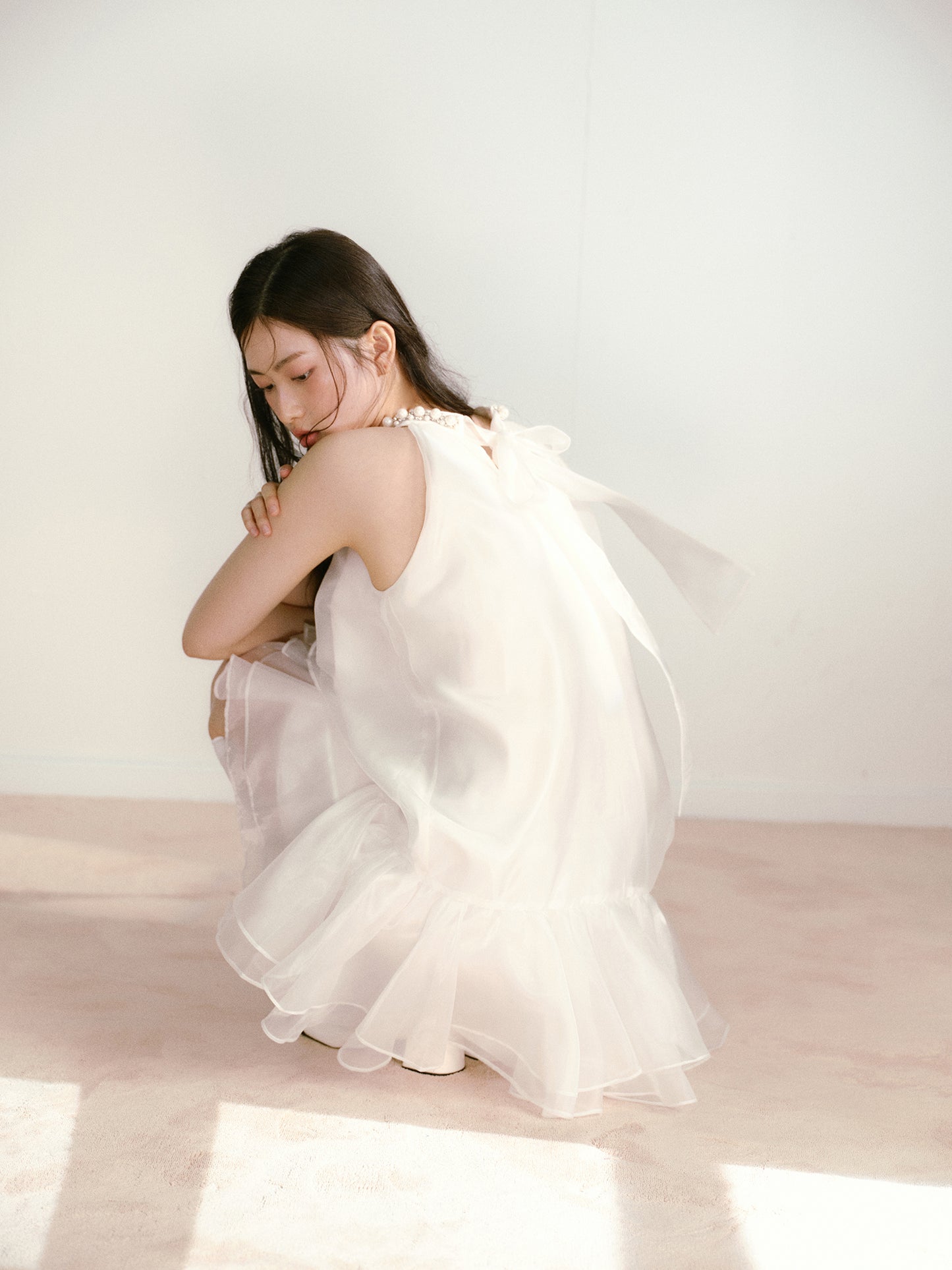 Moonlight White Layered Organza Tie-Up Bow Pearl Neck Tutu Dress R5126