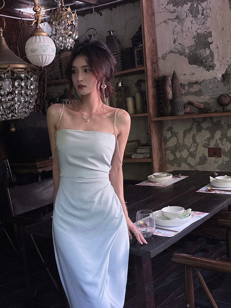 Satin chain suspender dress French waist high-end slit irregular skirt R1497